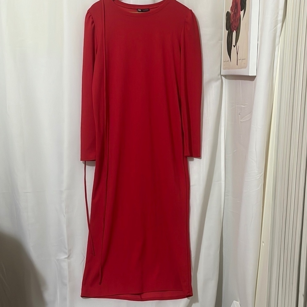 Zara Red Super Maxi Long Sleeve Dress with Optional Belt a224